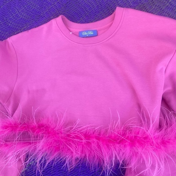 Ella Blu Feather Trim Sweatshirt Pink Women's Size M Crop Pullover Top EUC - Picture 4 of 10